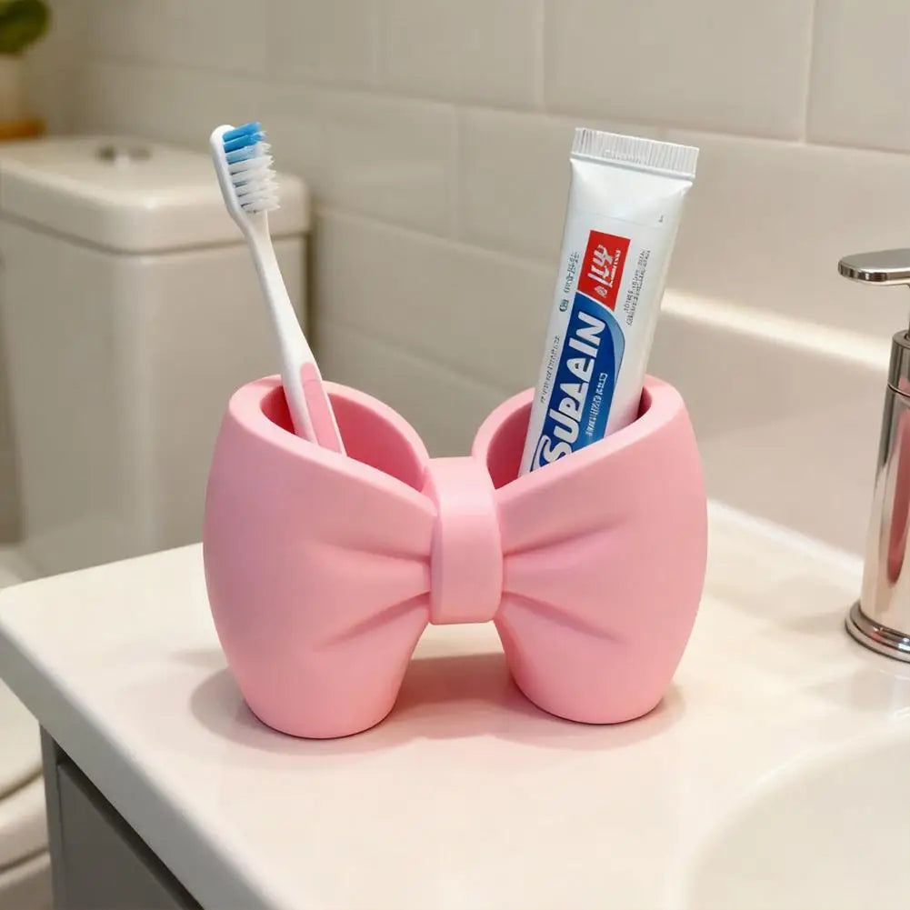 Adorable Bow Shaped Toothbrush Pen Holder Stand Cute Desktop Organizer for Bathroom Bedroom Office Desk Decoration