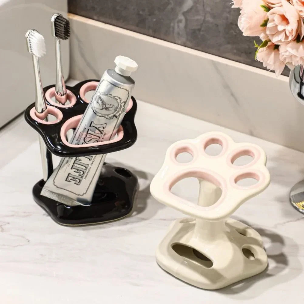 Cat Paw Shape Ceramic Toothbrush Holder Cute No Punching Toothbrush Holder Base Makeup Brush Storage Bathroom Accessories Tool