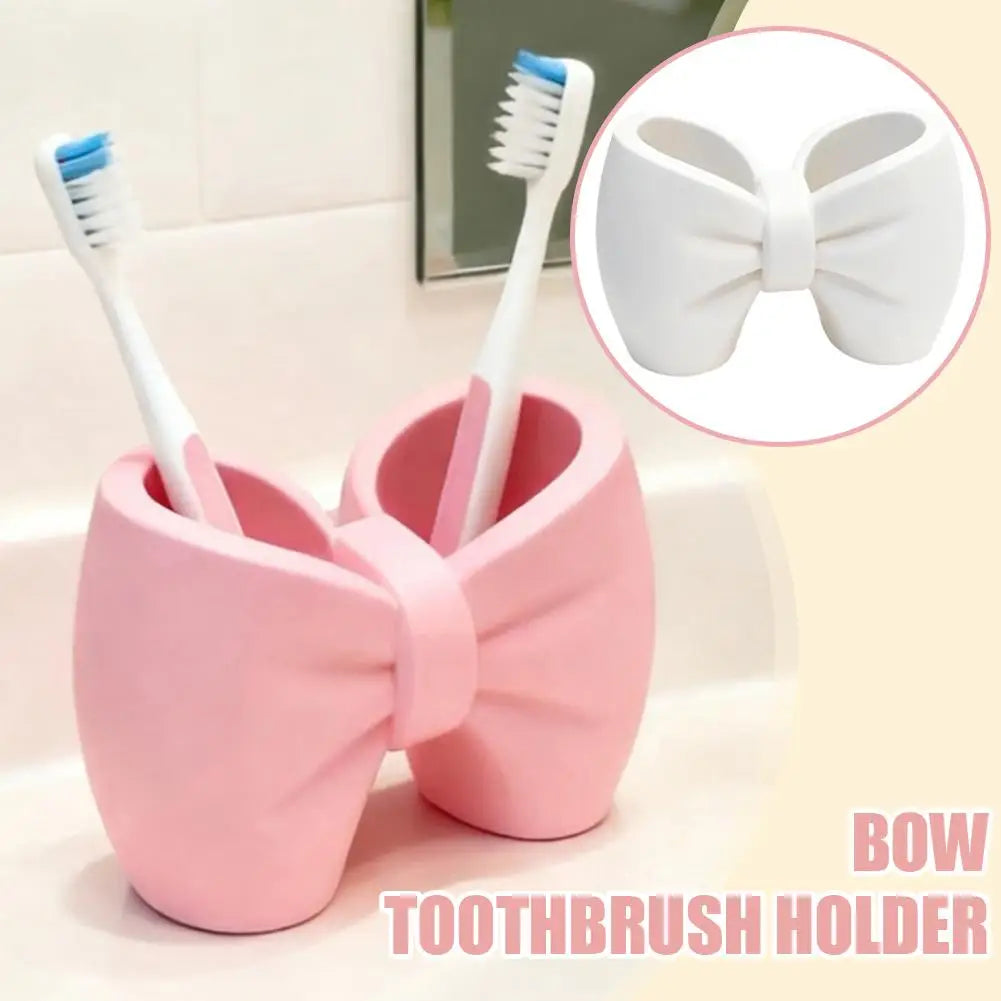 Adorable Bow Shaped Toothbrush Pen Holder Stand Cute Desktop Organizer for Bathroom Bedroom Office Desk Decoration