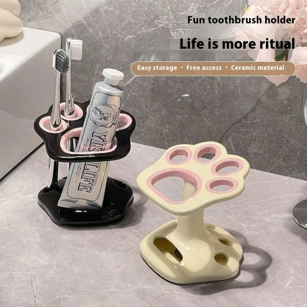 Cat Paw Shape Ceramic Toothbrush Holder Cute No Punching Toothbrush Holder Base Makeup Brush Storage Bathroom Accessories Tool