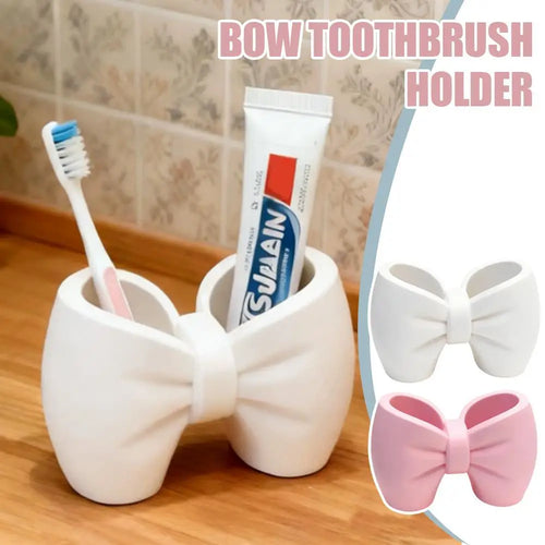 Adorable Bow Shaped Toothbrush Pen Holder Stand Cute Desktop Organizer for Bathroom Bedroom Office Desk Decoration